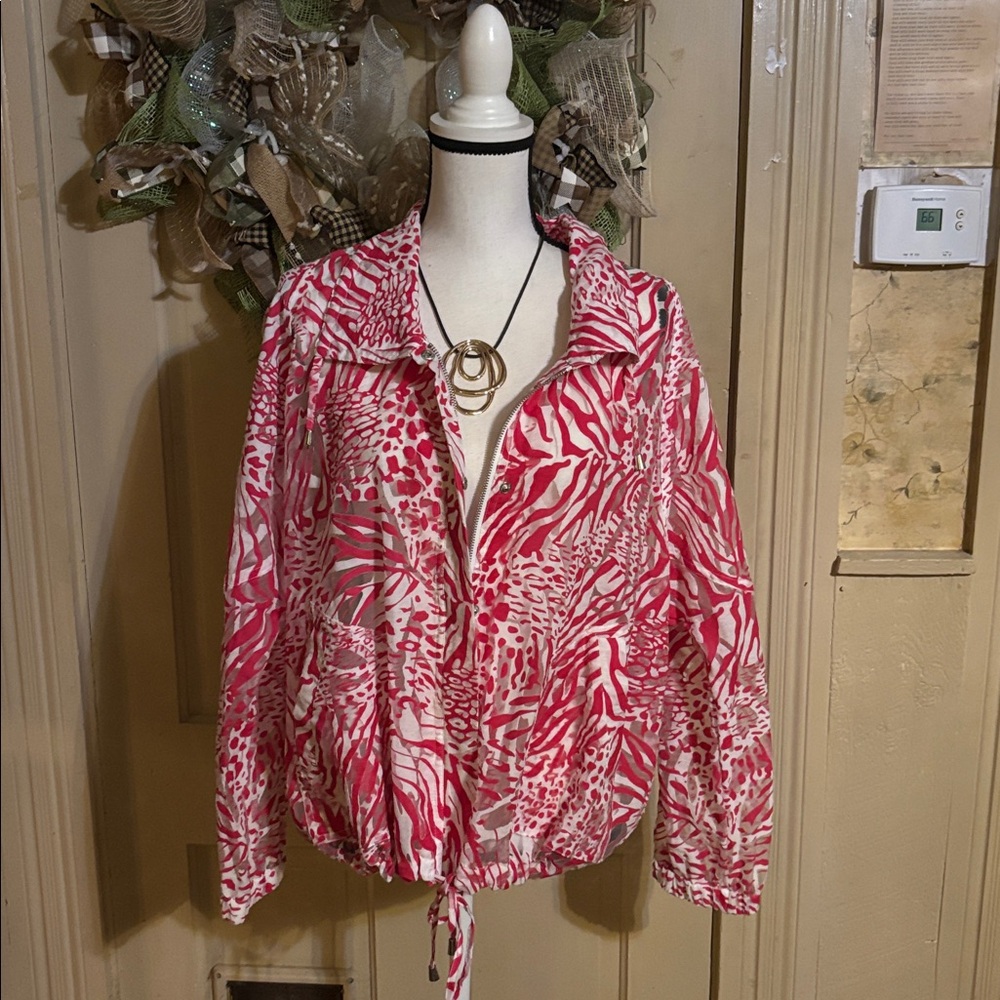 CHICO’S Pink & White Print Jacket Women Size 3 or XL in EUC